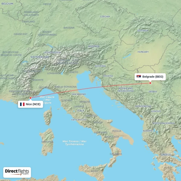 Belgrade - Nice direct flight map