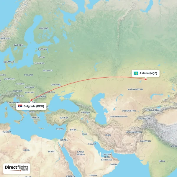 Belgrade - Astana direct flight map