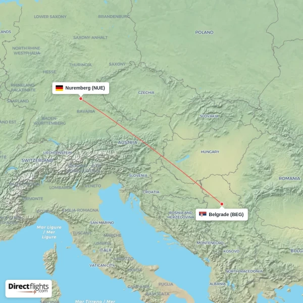Belgrade - Nuremberg direct flight map