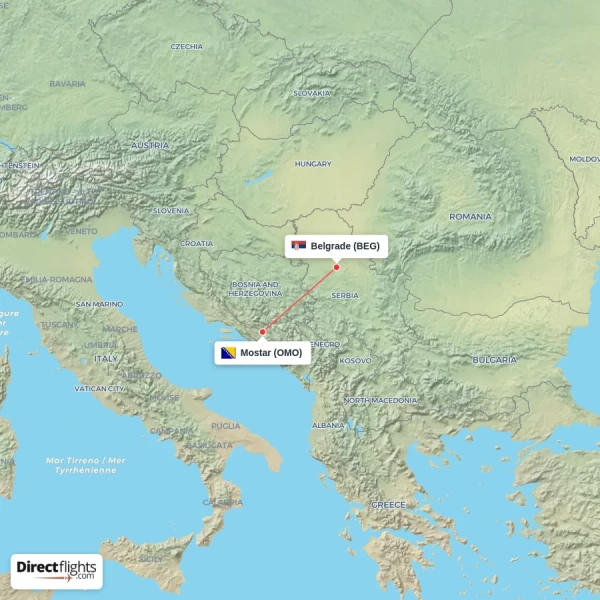 Belgrade - Mostar direct flight map