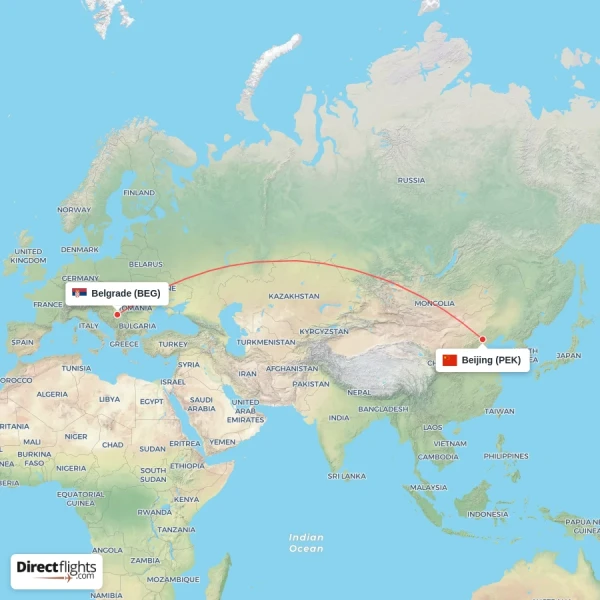 Belgrade - Beijing direct flight map