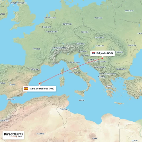 Belgrade - Palma de Mallorca direct flight map