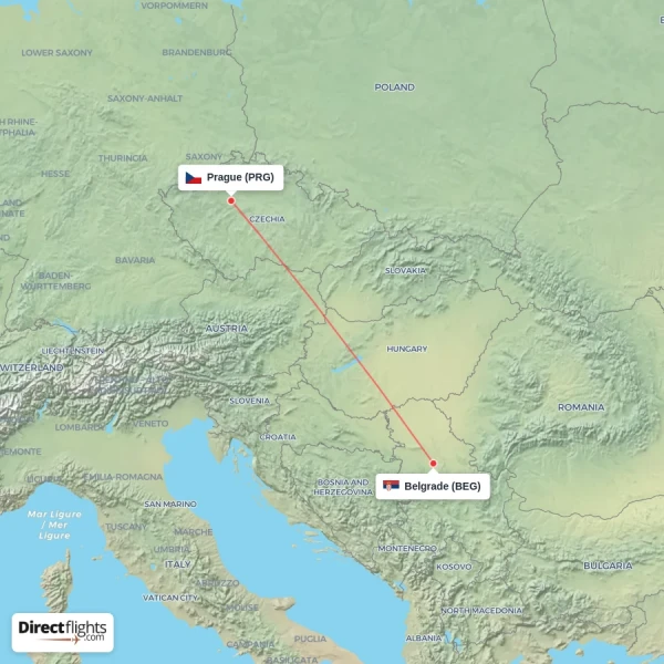 Belgrade - Prague direct flight map