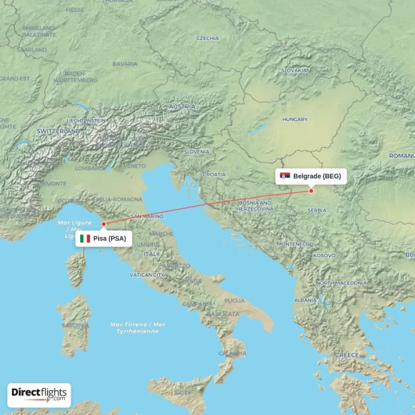 Belgrade - Pisa direct flight map
