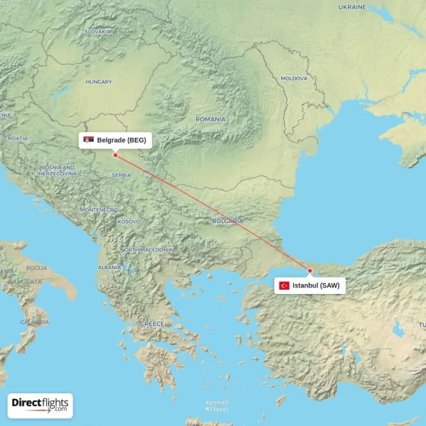 Belgrade - Istanbul direct flight map