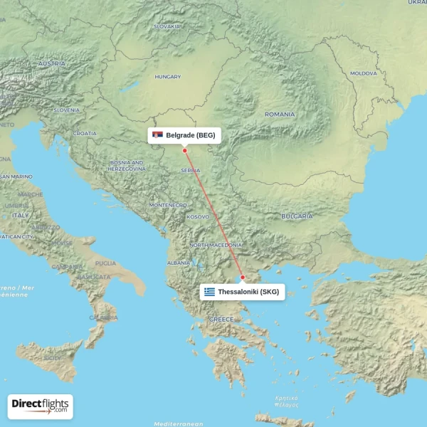 Belgrade - Thessaloniki direct flight map