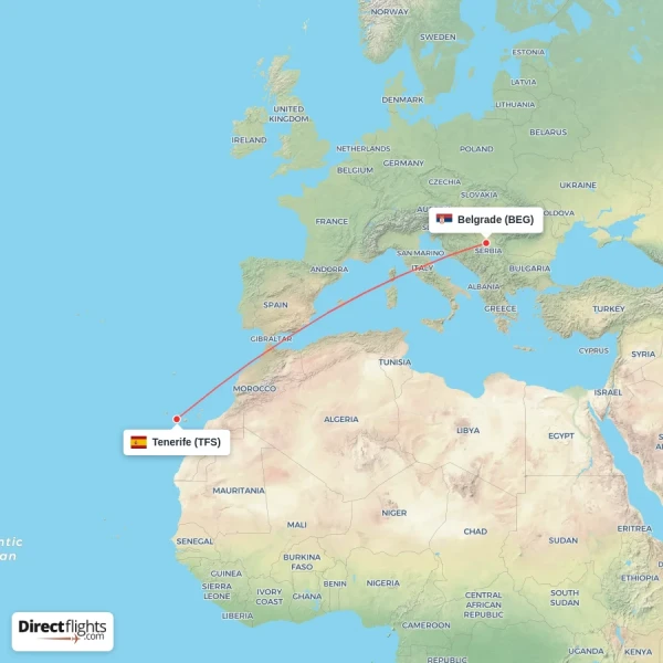 Belgrade - Tenerife direct flight map