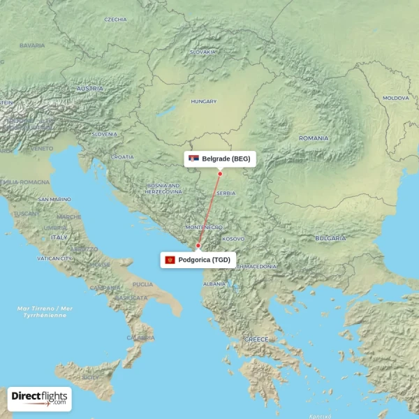 Belgrade - Podgorica direct flight map
