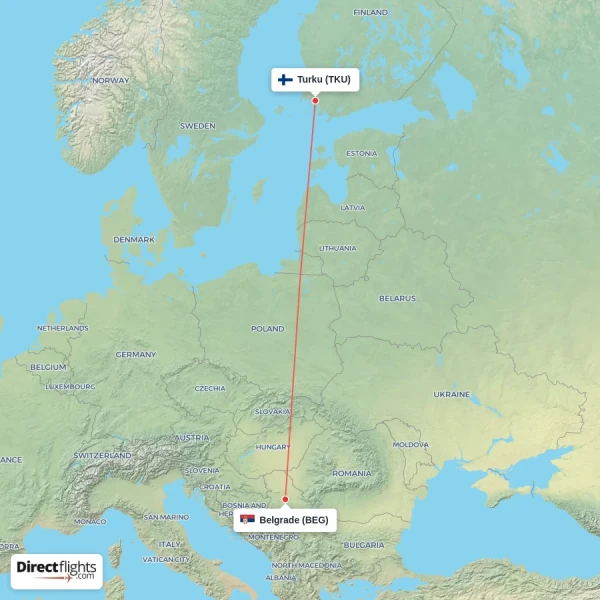 Belgrade - Turku direct flight map