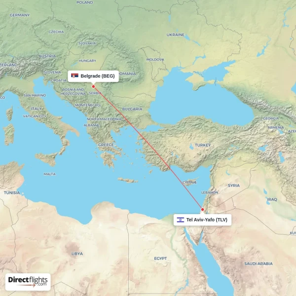 Belgrade - Tel Aviv-Yafo direct flight map