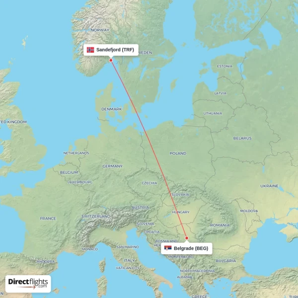 Belgrade - Sandefjord direct flight map