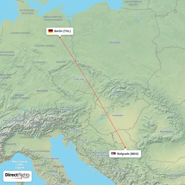 Belgrade - Berlin direct flight map