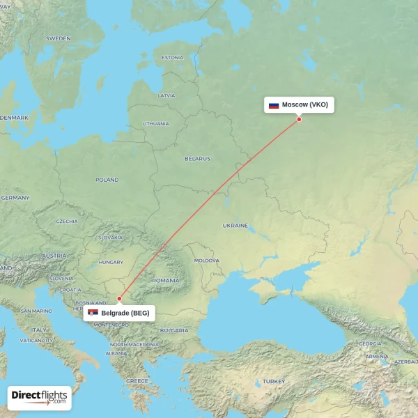 Belgrade - Moscow direct flight map