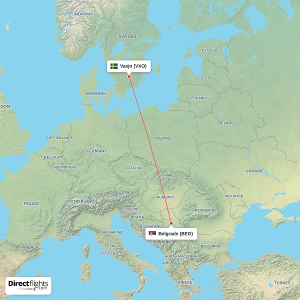 Belgrade - Vaxjo direct flight map