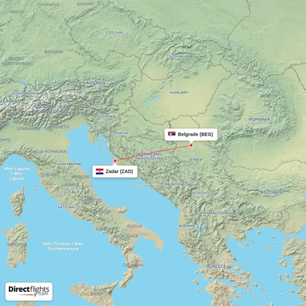 Belgrade - Zadar direct flight map