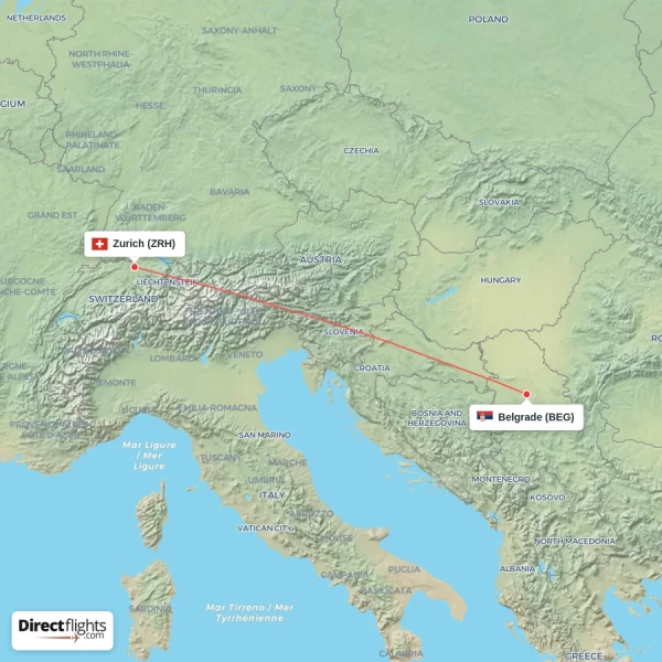 Belgrade - Zurich direct flight map
