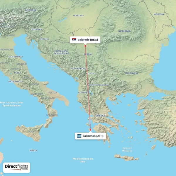 Belgrade - Zakinthos direct flight map