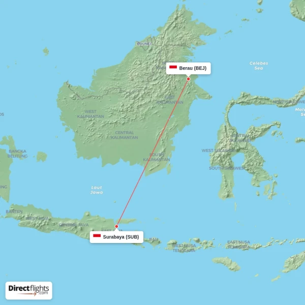 Berau - Surabaya direct flight map