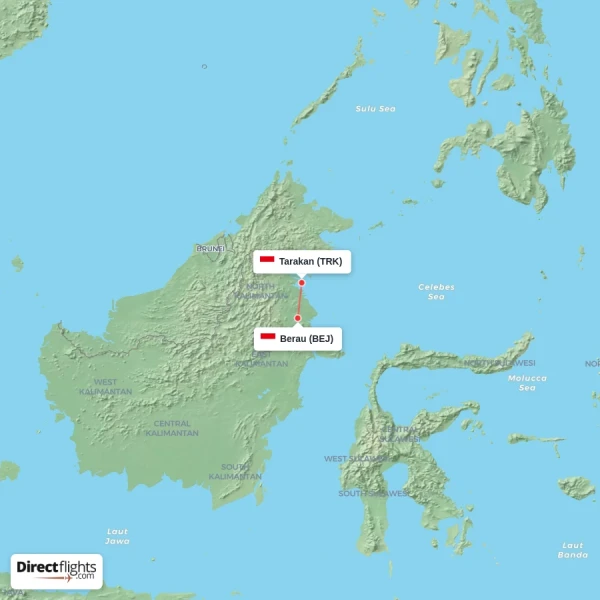 Berau - Tarakan direct flight map