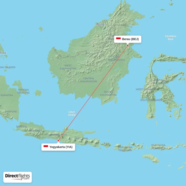 Berau - Yogyakarta direct flight map
