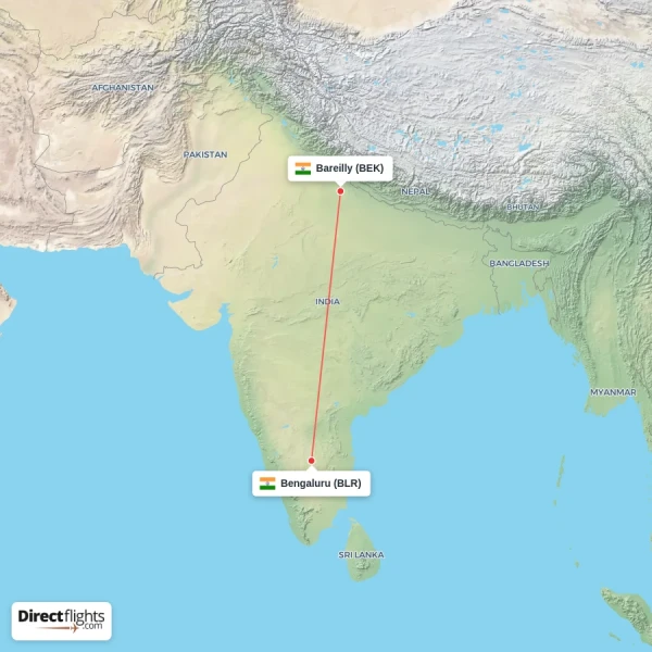 Bareilly - Bengaluru direct flight map