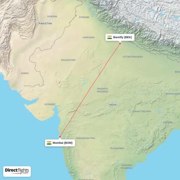 Bareilly - Mumbai direct flight map