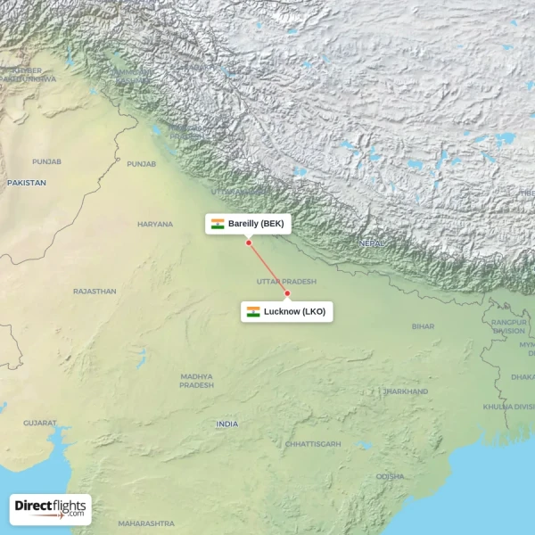 Bareilly - Lucknow direct flight map