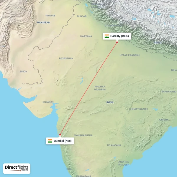 Bareilly - Mumbai direct flight map