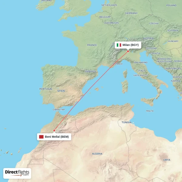 Beni Mellal - Milan direct flight map
