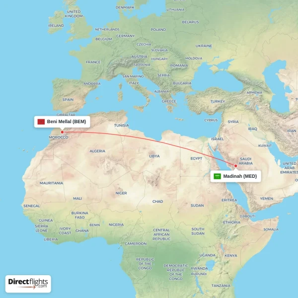 Beni Mellal - Madinah direct flight map