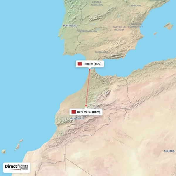 Beni Mellal - Tangier direct flight map