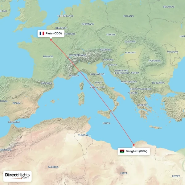 Benghazi - Paris direct flight map