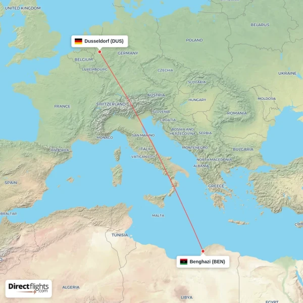 Benghazi - Dusseldorf direct flight map