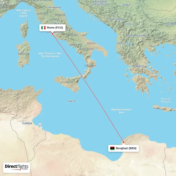 Benghazi - Rome direct flight map