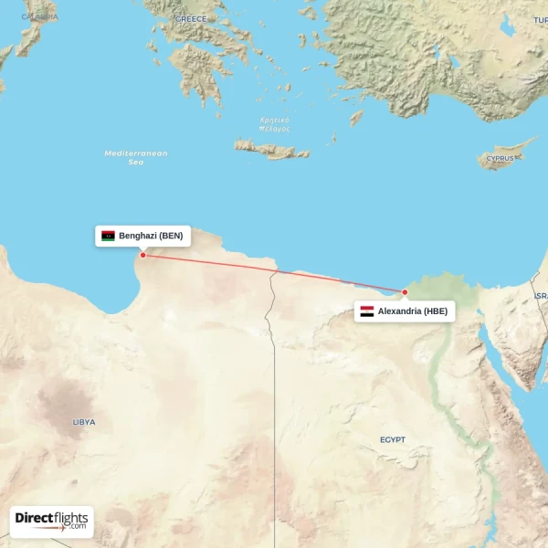 Benghazi - Alexandria direct flight map