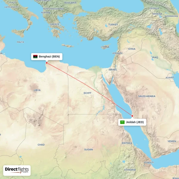 Benghazi - Jeddah direct flight map