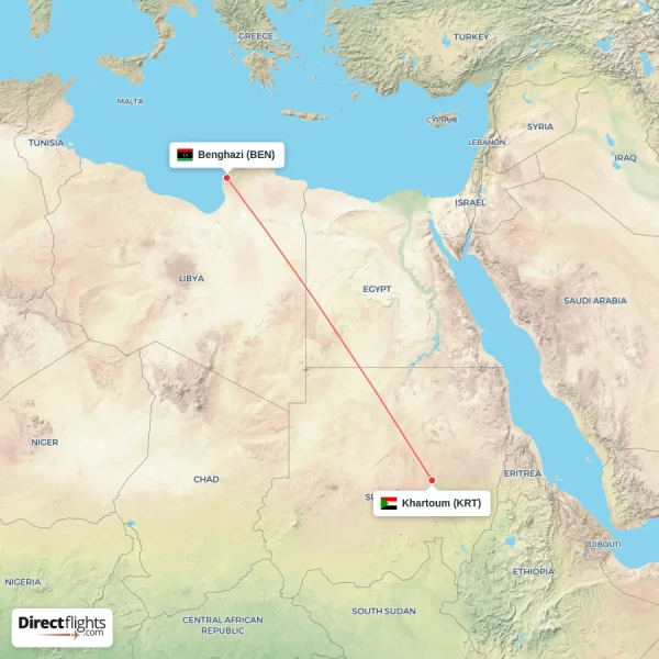 Benghazi - Khartoum direct flight map