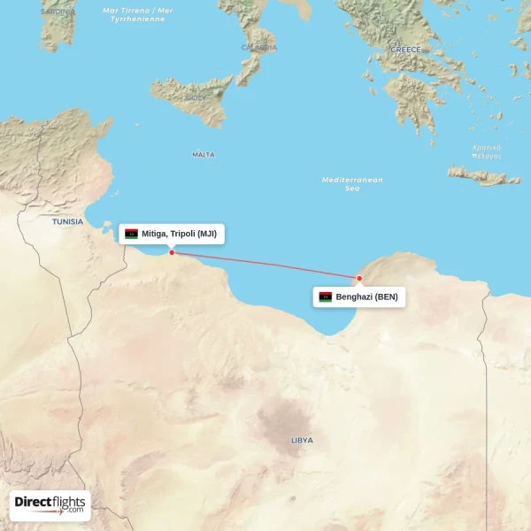 Benghazi - Mitiga, Tripoli direct flight map