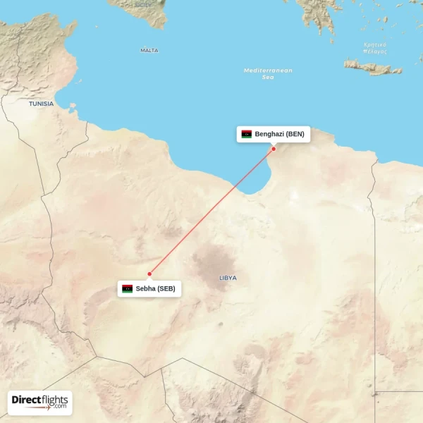 Benghazi - Sebha direct flight map