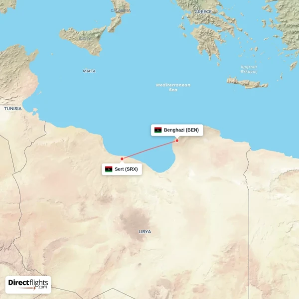 Benghazi - Sert direct flight map