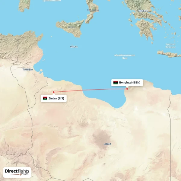 Benghazi - Zintan direct flight map
