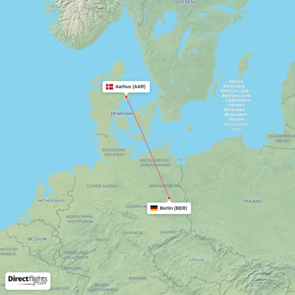 Berlin - Aarhus direct flight map