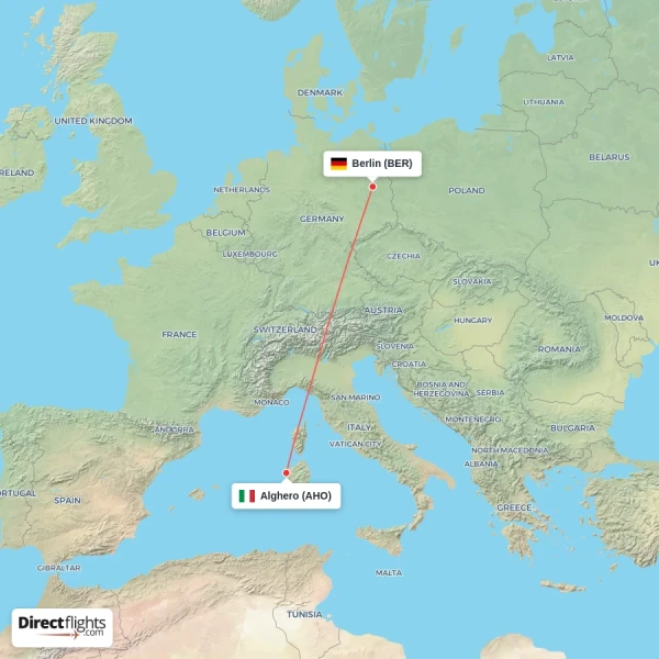 Berlin - Alghero direct flight map