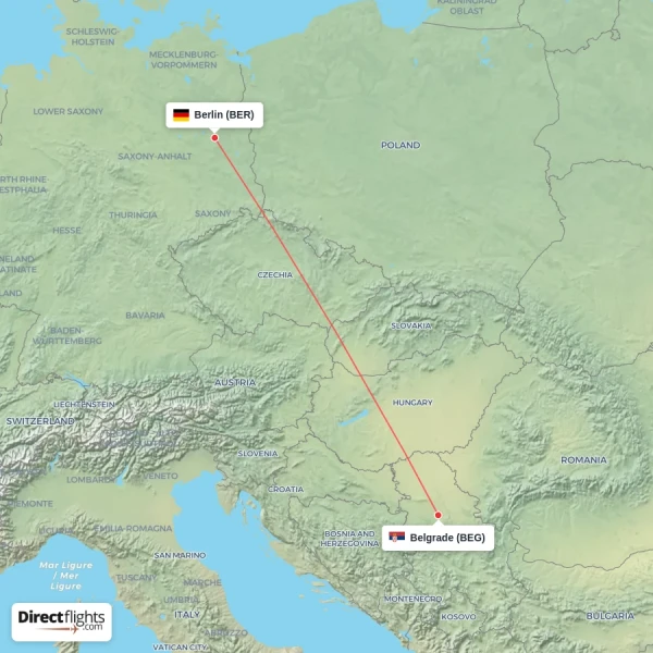Berlin - Belgrade direct flight map