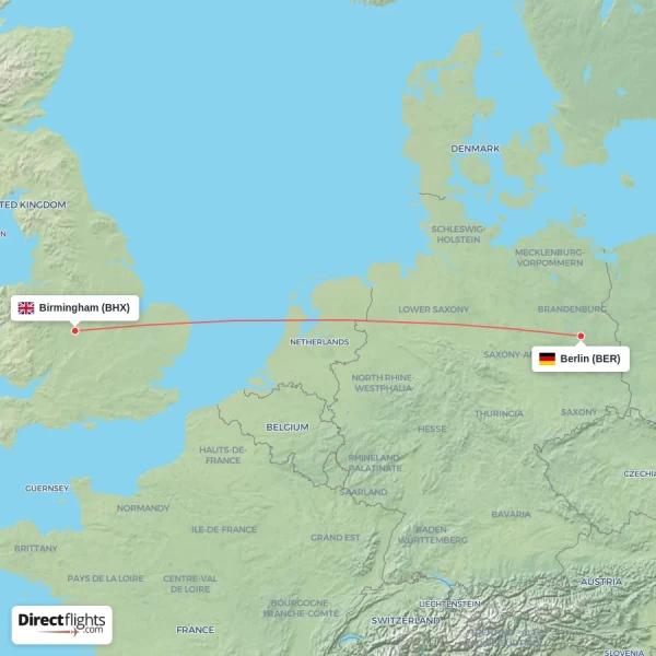 Berlin - Birmingham direct flight map