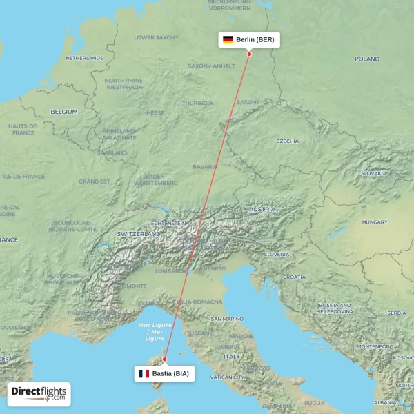Berlin - Bastia direct flight map
