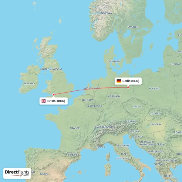 Berlin - Bristol direct flight map