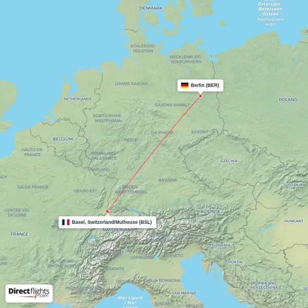 Berlin - Basel, Switzerland/Mulhouse direct flight map