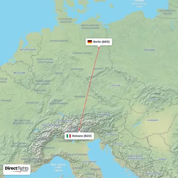 Berlin - Bolzano direct flight map