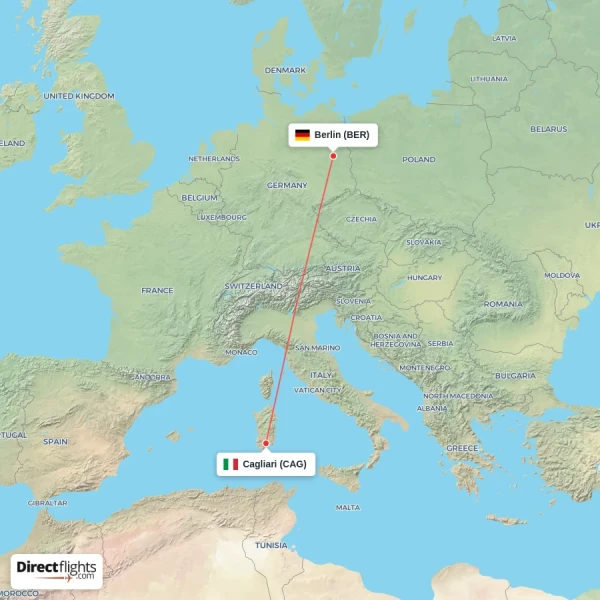 Berlin - Cagliari direct flight map
